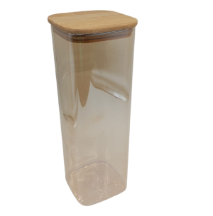 POTE VIDRO 20CM QUAD.TAMPA BAMBU ÂMBAR